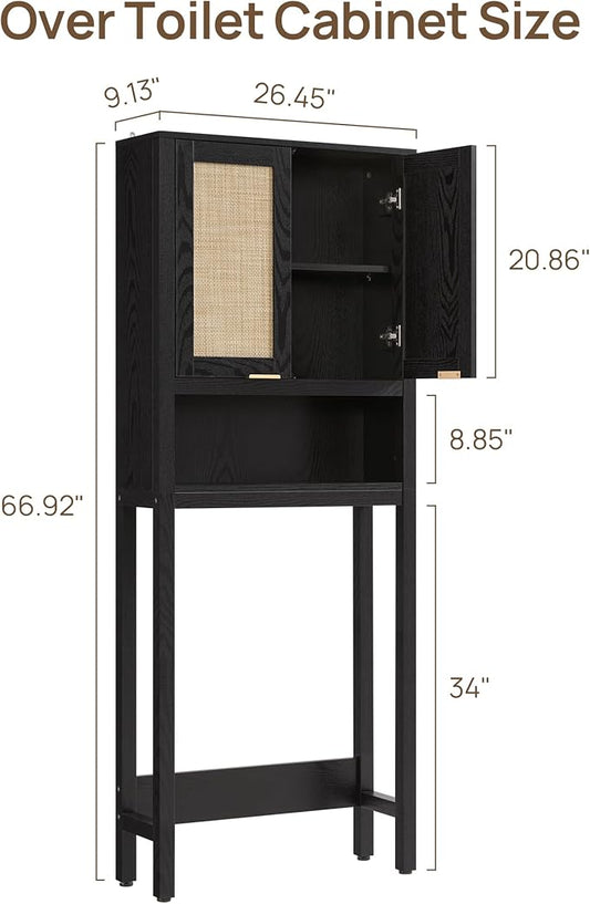 SICOTAS Over The Toilet Storage Cabinet with Rattan Door, Freestanding Bathroom Organizer with Adjustable Shelf, Space Saver Cabinet for Bathroom, Laundry Room, Restroom