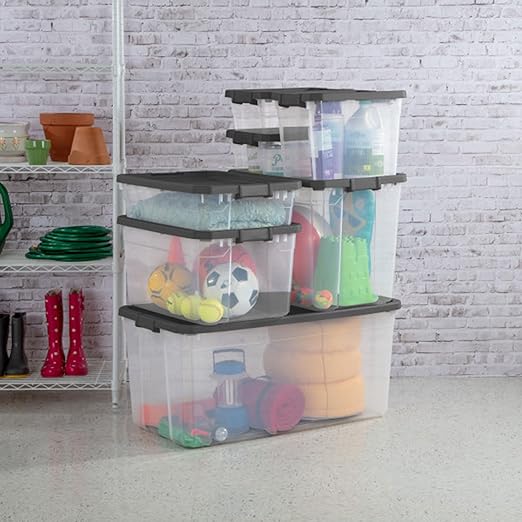 Sterilite 18-Pack Modular Stacker Box, Durable Clear Plastic Storage Bins with Latching Lids, 40 Quart - Stackable Organizing Container Boxes for Closet, Bathroom, and Office