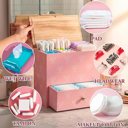 Pink Bow Tampon Holder for Bathroom Wood Feminine Product Organizer with Drawer and Lid Pad and Tampon Organizer Bathroom Accessories Storage Box for Pink Bow Washroom Period Box