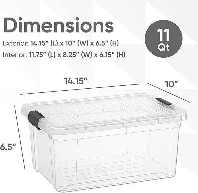 Superio Clear Plastic Storage Bin with Lid,Non-Toxic, BPA Free, Odor Free, Organizer Storage Box, Stackable Plastic Tote for Home, Garage, School, and Office (11 Quart, 6-Pack)