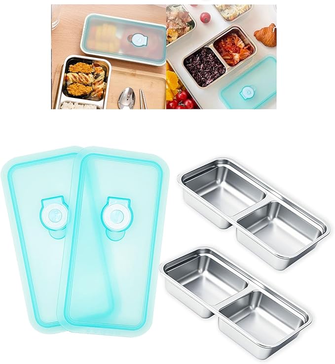 LMJAGJX 2pcs Grab and Go Snack Containers Stainless Steel, Reusable Snack Condiment Containers with Lids, Double Compartment Food Lunch Meal Container Prep for Travel, Small Packs Container