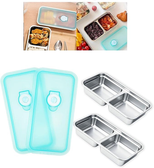 LMJAGJX 2pcs Grab and Go Snack Containers Stainless Steel, Reusable Snack Condiment Containers with Lids, Double Compartment Food Lunch Meal Container Prep for Travel, Small Packs Container