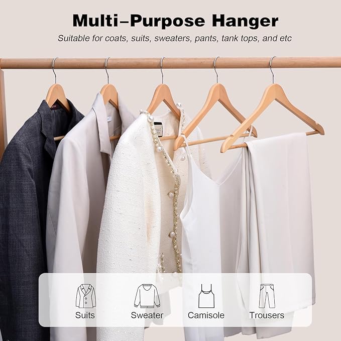 Hapmira Premium Wooden Hangers 10 Pack, Natural Solid Wood Hangers with Trouser Rods and Shoulder Notches, Space Saving for Suits, Shirts, Jackets, Dresses and Pants (20, Natural)