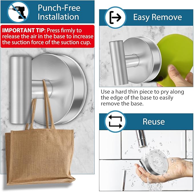 AbluFirst Suction Cup Hooks for Shower, 4-Pack, No-Drill Heavy Duty, Removable and Reusable, Suitable for Bathrooms, Glass, Kitchen Mirrors, Tiles, Hanging Towels, Bathrobes, Coats (Silver)