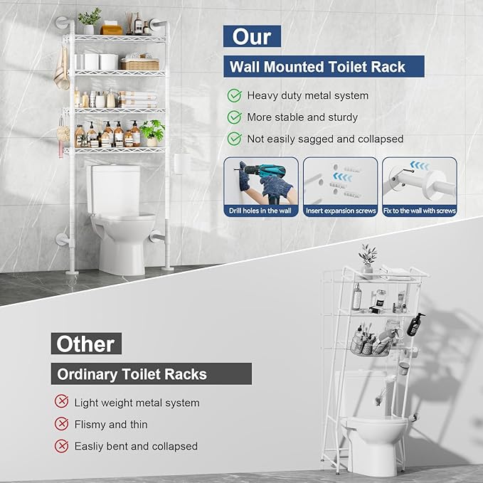 Roxibelt K3 Wall Mounted 4-Tier Over the Toilet Storage，Metal Above Toilet Storage with Paper Hook，Over Toilet Bathroom Organizer with Adjustable Shelf，Above Toilet Rack 9.7"D x 25.6"W x 74.3"H，White