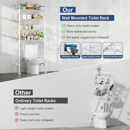 Roxibelt K3 Wall Mounted 4-Tier Over the Toilet Storage，Metal Above Toilet Storage with Paper Hook，Over Toilet Bathroom Organizer with Adjustable Shelf，Above Toilet Rack 9.7"D x 25.6"W x 74.3"H，White