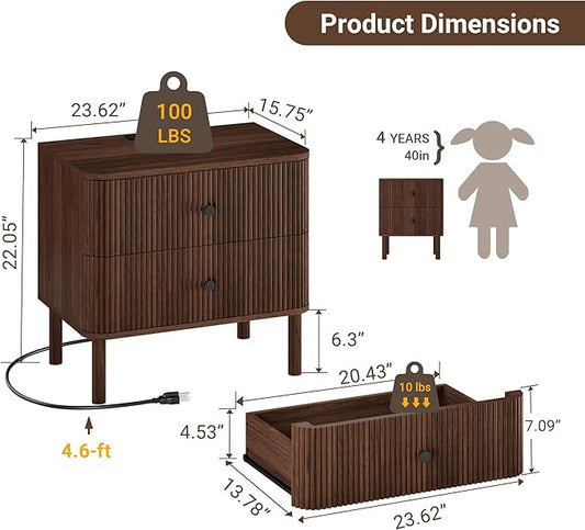 FavourLife Night Stand Set of 2 with Charging Station, 24" Large Fluted Nightstand with Rounded Corners & Solid Wood Legs, 2 Drawers Mid Century Modern Bedside Table for Bedroom, Walnut