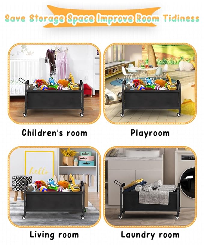 80L Large Kids Toy Box with Wheels, Toy Chest Storage Organizer for Toddlers, Boys, Girls, Toy Storage Bin for Stuffed Animals, PlayRoom, Bedroom, Nursery, Living Room, Black