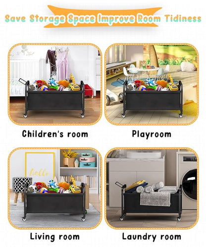 80L Large Kids Toy Box with Wheels, Toy Chest Storage Organizer for Toddlers, Boys, Girls, Toy Storage Bin for Stuffed Animals, PlayRoom, Bedroom, Nursery, Living Room, Black