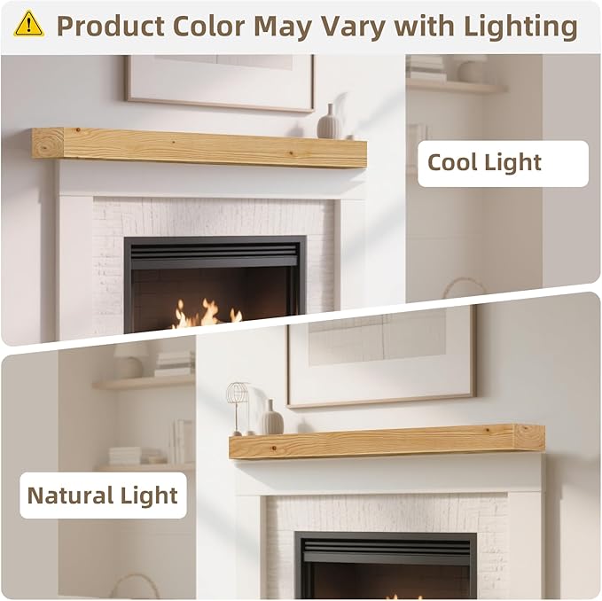 ROOMTEC Fireplace Mantel,48" Wood Floating Fireplace Shelves,Wall Mounted Wooden Display Shelving,Handcrafted Wood Brack,Natural Mantels Over Fireplace | 48" x 8" x 3"-Clear Varnished Natural Wood
