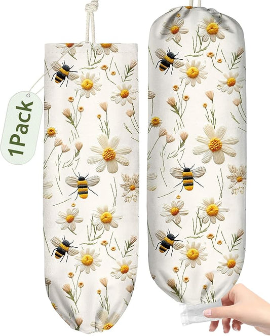 Plastic Bag Holder Organizer - 1 Pack Reusable Canvas Grocery Bags Holder Hanging Wall Cute Aesthetic Shopping Bag Storage Dispenser with Drawstring Closure for Kitchen Home, Flower Bee