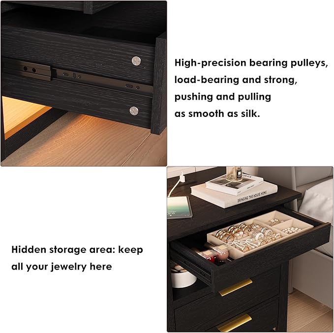 Rresyet 3 Drawer Nightstand with Charging Station & LED Lights & Open Shelf, Modern Night Stand with Storage, Wooden Bedside Table for Bedroom Room, Office (Black)
