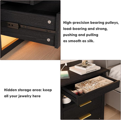 Rresyet 3 Drawer Nightstand with Charging Station & LED Lights & Open Shelf, Modern Night Stand with Storage, Wooden Bedside Table for Bedroom Room, Office (Black)