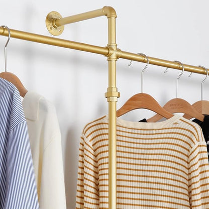 Wall Mounted Industrial Pipe Clothing Garment Racks, Metal Clothing Store Display Stands Clothes Rack Multi-purpose Heavy Duty Hanging Rod for Closet Storage, 134in Gold