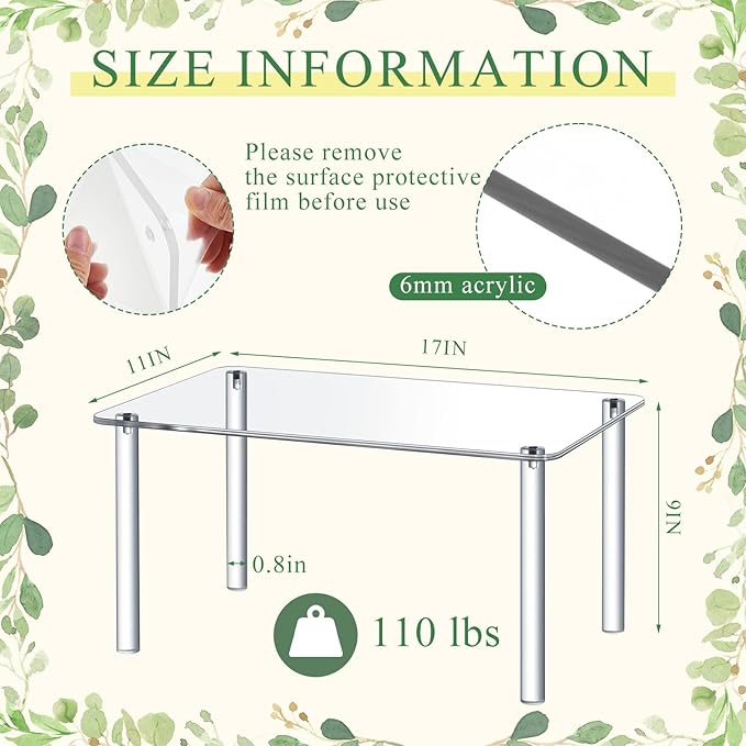 1 Pcs 17 Inch Extra Large Acrylic Risers Display Stands Rectangular 4-leg Acrylic Plant Stand, 6mm Thick Clear Shelf Riser Display Stands for Decor Collectibles Figures and Item Photography