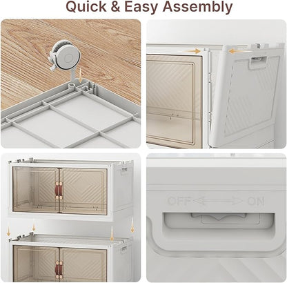 Extra Large Stackable Storage Bins, 48QT*3 Tier Storage Bins with Lids, Folding Storage box with Doors and Wheels, Collapsible Plastic Drawers for Home, Garage, Office (3, White, Medium)