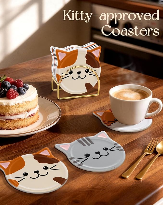 Oqplog Cat Drink Coasters for Desk Coffee Table Set of 6-Funny Ceramic Cup Holder Coaster for Office Home Outdoor Cute Decor Gifts for Women Family