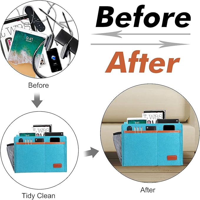 WantuSee Bedside Caddy, Bed Storage Organizer for Remote Controller, Books, Magzine, Laptop Holder, 12.4'' x 8.6'' inch Bedside Hanging Felt Storage Bag for Dorm Bed with 5 Pockets, Celadon