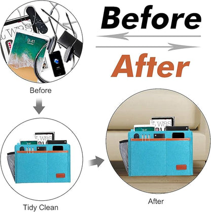 WantuSee Bedside Caddy, Bed Storage Organizer for Remote Controller, Books, Magzine, Laptop Holder, 12.4'' x 8.6'' inch Bedside Hanging Felt Storage Bag for Dorm Bed with 5 Pockets, Celadon