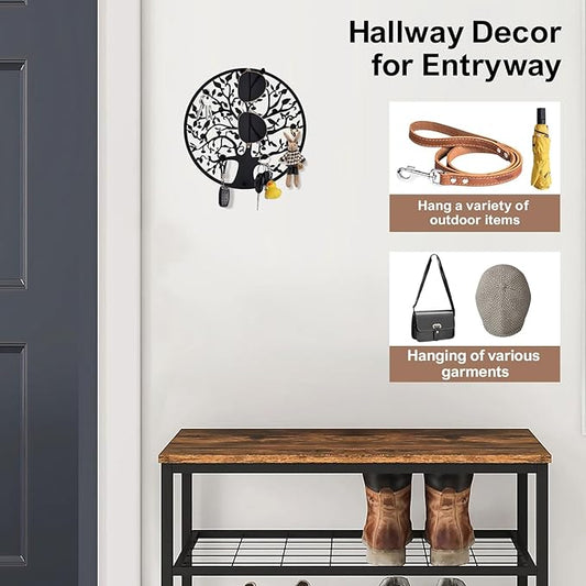 Round Decorative Home Key Holder Wall Mount, Metal Tree Car Key Rack for Wall Organizer for Keys, Wallets, Hats, Used for Decor for House Entryway, Kitchen, Garage, Office (8" Black)