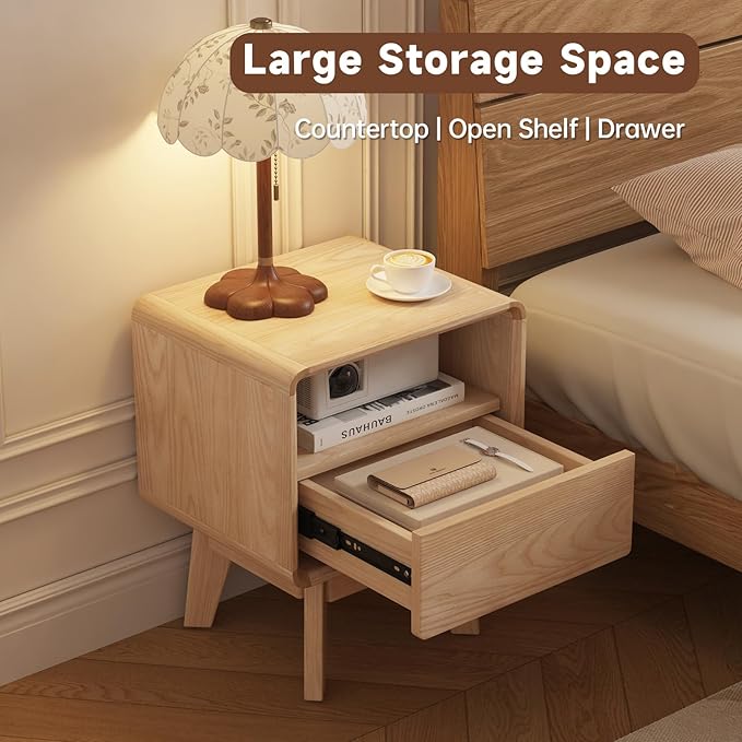 NKGIAG Solid Wood Nightstand, Mid-Century Modern Night Stand with Drawer & Open Shelf, Compact Bedside Tables for Bedroom, Office, Small Spaces, Light Natural Finish, Pre-Assembled