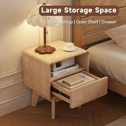 NKGIAG Solid Wood Nightstand, Mid-Century Modern Night Stand with Drawer & Open Shelf, Compact Bedside Tables for Bedroom, Office, Small Spaces, Light Natural Finish, Pre-Assembled