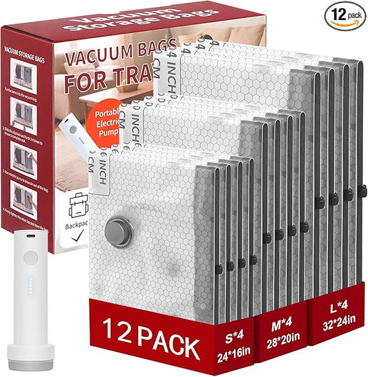 Rechargeable Wireless Pump Travel Storage Bags Set, 12 Combo (4S/4M/4L) Portable Space Saver Bags for Travel & Home, Vacuum Compression Packing Seal for Clothes, Blankets, Home Seasonal Storage