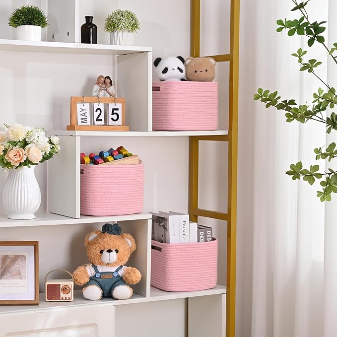 3 Pack Cube Storage Bin, 9”x9”x7” Cotton Rope Woven Baskets for Organizing Toys Clothes Towels, Square Gift Storage Baskets for Shelf, Nursery, Closet, Bathroom, Pantry (Pink)
