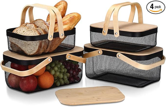 4 Pcs Mesh Steel Basket with Handles and Lids Wire Mesh Basket Garden Baskets for Gathering Vegetables Fruit Harvest Storage Organizer for Kitchen Drying Food (16 Inch;13 Inch,Black)