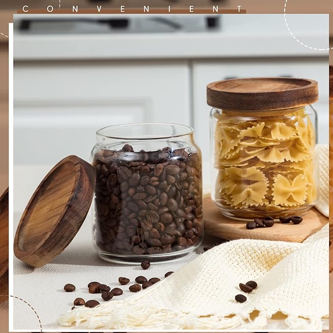 Irenare 16 Pcs Glass Containers Canister Set, 17 oz Food Storage Spice Jars with Airtight Lids, Clear Kitchen Containers for Coffee Sugar Tea Beans Nuts Candy Pantry Organization(Wood)