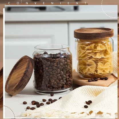 Irenare 16 Pcs Glass Containers Canister Set, 17 oz Food Storage Spice Jars with Airtight Lids, Clear Kitchen Containers for Coffee Sugar Tea Beans Nuts Candy Pantry Organization(Wood)