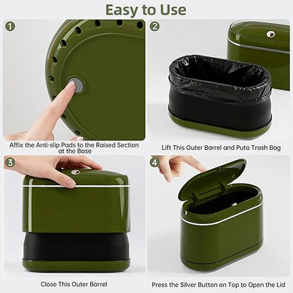 Mini Trash Can for Desk with 5 Rolls of Trash Bags, Small Press-Top Countertop Garbage Bin, Removable Waste Basket for Bedroom, Vanity, Coffee Table, Kitchen (Green Full-Lid)