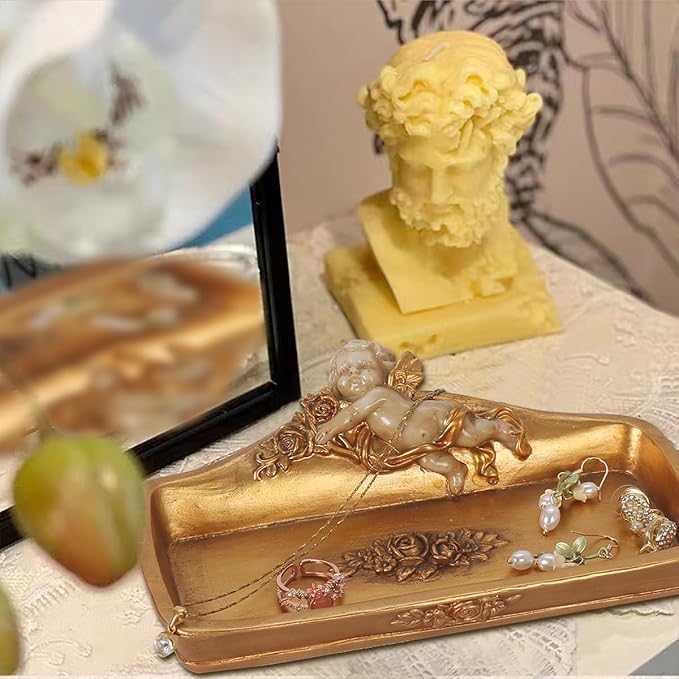 S-MANTIS Vintage Tray Antique Trinket Dish, Small Rectangular, Ring Holder With Cherub and Floral Design,Jewelry Or Cosmetics Makeup Storage Organizer,Gift,Aesthetic Room Decor (Ivory and Gold-Cherub)