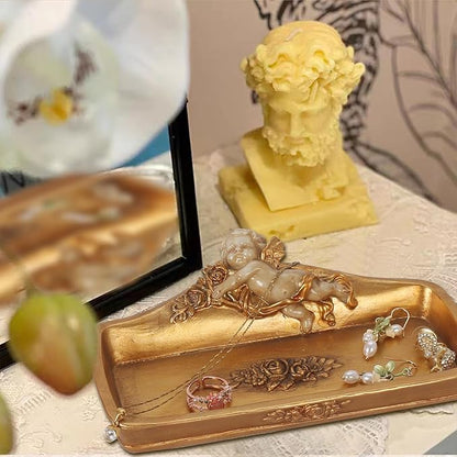 S-MANTIS Vintage Tray Antique Trinket Dish, Small Rectangular, Ring Holder With Cherub and Floral Design,Jewelry Or Cosmetics Makeup Storage Organizer,Gift,Aesthetic Room Decor (Ivory and Gold-Cherub)