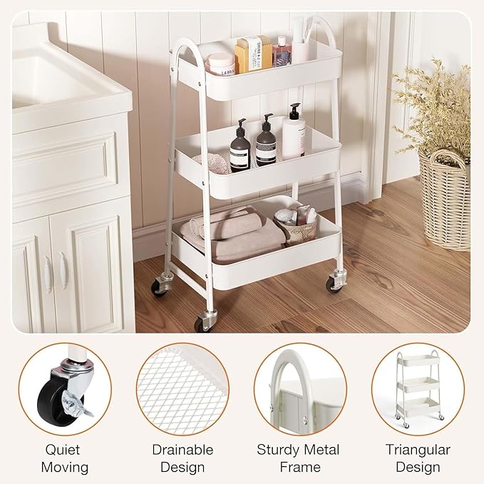 Rolling Storage Cart, 3 Tier Shelf Utility Carts Snack White Craft Carts with Mesh Baskets Bathroom Storage Cart with Wheels for Office, Classroom, Kitchen, 16.9x12.2x30.9 Inch