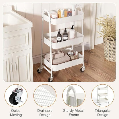 Rolling Storage Cart, 3 Tier Shelf Utility Carts Snack White Craft Carts with Mesh Baskets Bathroom Storage Cart with Wheels for Office, Classroom, Kitchen, 16.9x12.2x30.9 Inch