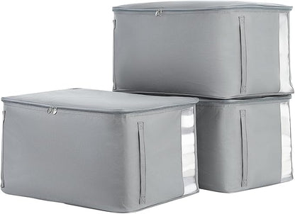 Comforter Storage Bags, Durable Oxford Fabric Clothes Organizer for Closet, Washable Collapsible Large Storage Containers for Clothing Blanket Linen Bedding, 3 Pack (Grey, 18 gallon x 3)