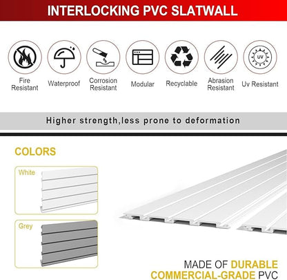Garage Slatwall Panel Wall Organizer - Slat Wall Paneling Sheets with Hooks, Interlocking PVC Panels for Tool Organization Mounted Storage Systems