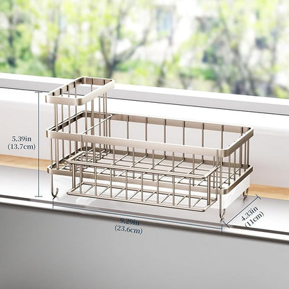 Consuemst Sponge Holder for Kitchen Sink - Auto Draining Sink Caddy Organizer with Detachable Rack, High Brush Holder, Kitchen Countertop Storage Accessories, Sand Nickel