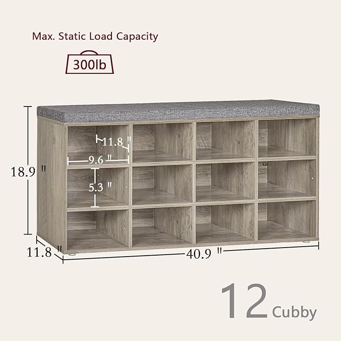 DINZI LVJ Shoe Bench, 12 Cubbies Shoe Organizer for Entryway, Storage Bench with Cushion, Cubby Shoe Rack with Adjustable Shelves for Living Room, Bedroom, Mudroom, Hallway, Gray Wash