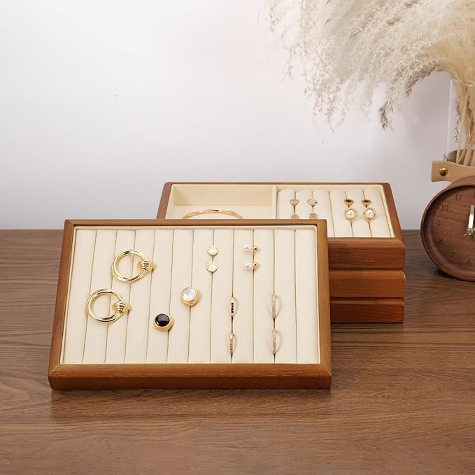 Solid Wood Jewelry Ring Display Tray Jewelry Drawer Organizer Showcase Display Organizer Tray for Rings Stud Earrings(Beige)