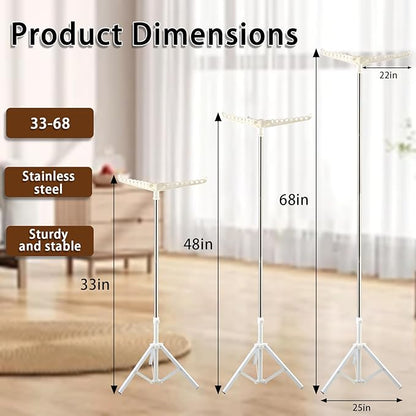 Clothes Drying Rack,Dry Rack for Clothes 33-68 Inch Stainless Steel Heavy-Duty Tripod Base Space-Saving Collapsable 3 Rotatable Arms