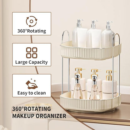YCIA&DONE 360 Rotating Makeup Organizer for Vanity, 2 Tiers New Square Shaped Cosmetics Skincare Bathroom Organizers Countertop, Perfume Stand Counter Tray, Warm White