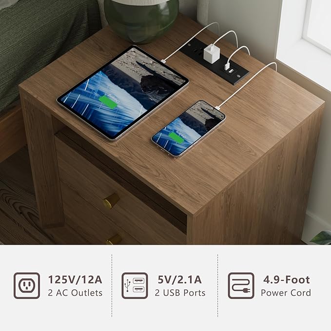 FORTUNETEC Nightstand Set of 2 with Charging Station, Mid Century Modern Nightstand with Wood Grain Texture, Minimalist End Table with Drawers Storage, Bedside Table for Bedroom Living Room, Walnut