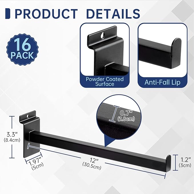 16 Pack Heavy Duty Tube Slatwall Shelf Brackets, Metal Tubular Slat Wall Brackets with Lip, Slatwall Accessories for Garage, Retail, and Home Storage (12 Inch)