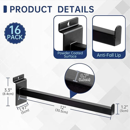 16 Pack Heavy Duty Tube Slatwall Shelf Brackets, Metal Tubular Slat Wall Brackets with Lip, Slatwall Accessories for Garage, Retail, and Home Storage (12 Inch)