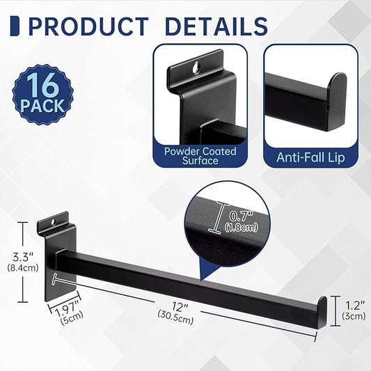 16 Pack Heavy Duty Tube Slatwall Shelf Brackets, Metal Tubular Slat Wall Brackets with Lip, Slatwall Accessories for Garage, Retail, and Home Storage (12 Inch)