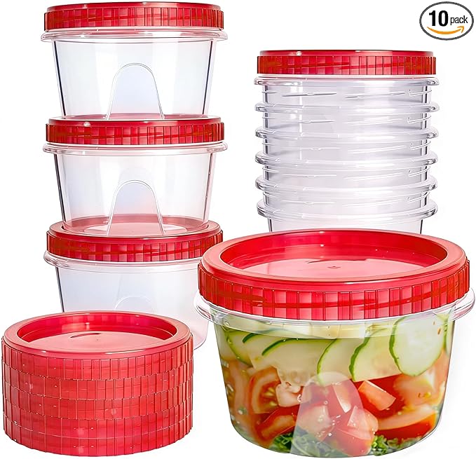 Slomg 10 Pack 16 oz Freezer Storage Containers with Red Twist Top Lids, Small Plastic Food Storage Soup Meal Prep Containers, Leakproof Overnight Quart Containers for Lunch Leftover Fruit Salad Oat