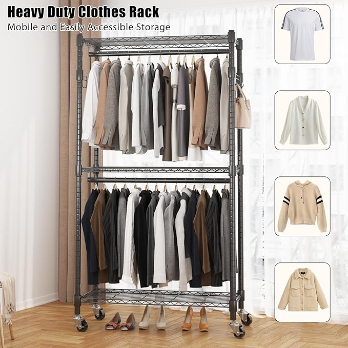 BATHWA Heavy Duty Garment Racks,35.5" D x 16.5" W x 80.7" H, Rolling Clothes Rack with Shelves Wheels 2 Rods for Shirt Clothing Hanging Tall Wardrobe Closet Multifuctional for Bedroom Laundry balcony