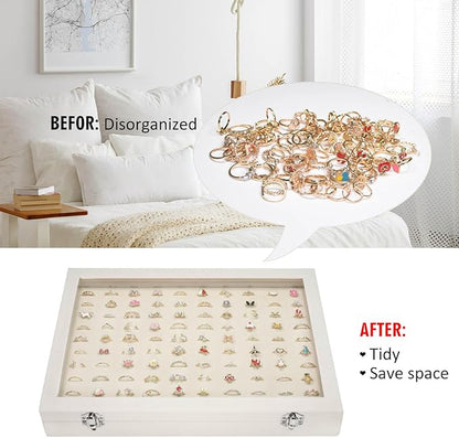 Rings Organizer Tray 100 Slot Velvet Ring Earring Storage Box TranSparent Cover Jewelry Store Ring Display Box Jewelry Display Cabinet for Girl Wife Mother